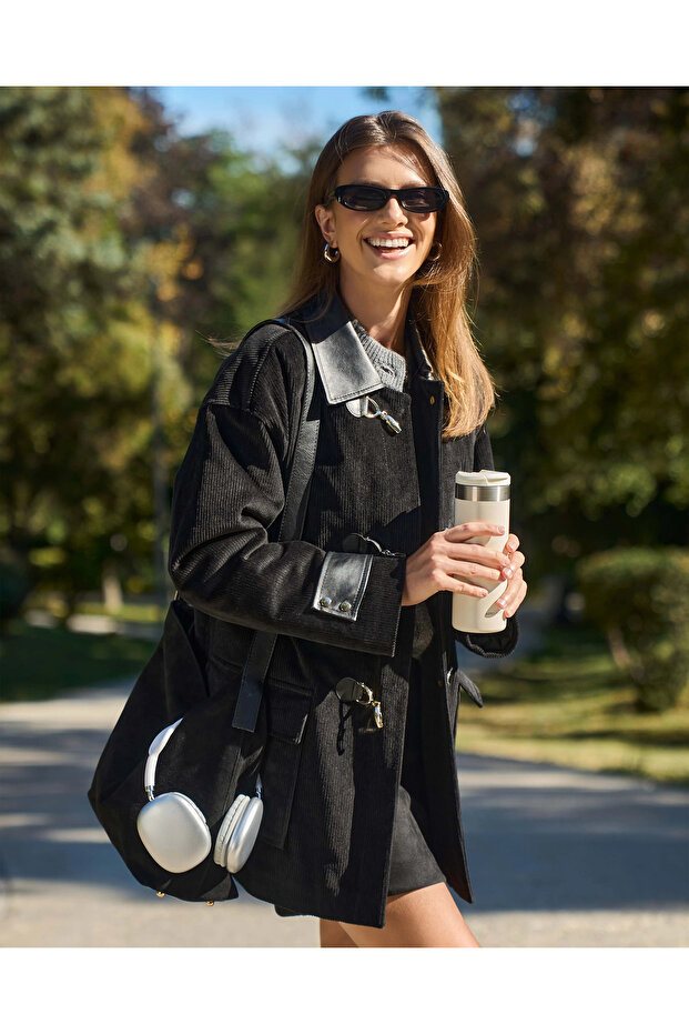 Çift Kumaşlı Cepli Oversize Kaban - 1
