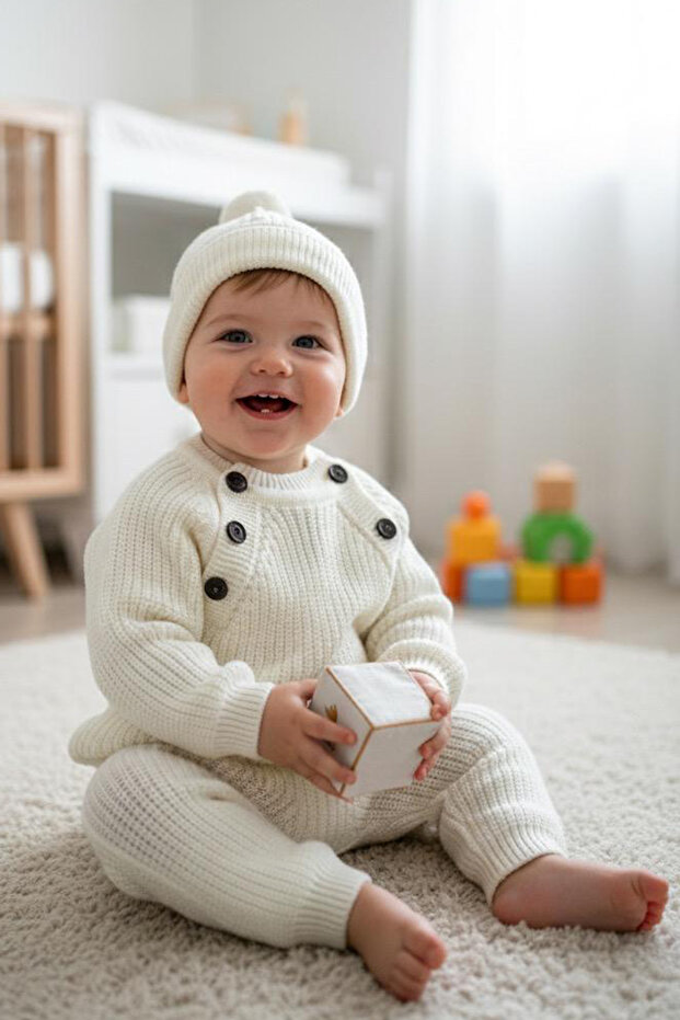 Children's Knitwear Selanik Knitted Hat Winter Special Buttoned Hat 3-Piece Set