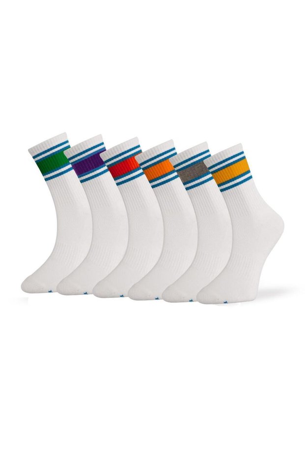 Women's Socks, Towel Sole, Colorful Padding in Blue Belt on the Rubber, Tennis White, 6 Pairs