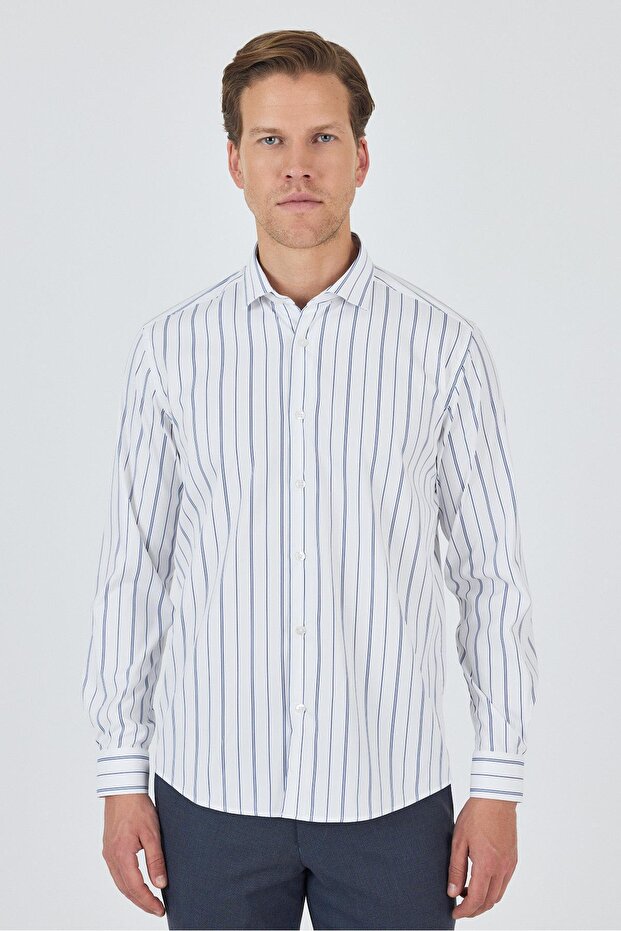 Men's Long Sleeve Striped Pattern Italian Collar Flexible Slim Fit Shirt 1004250203