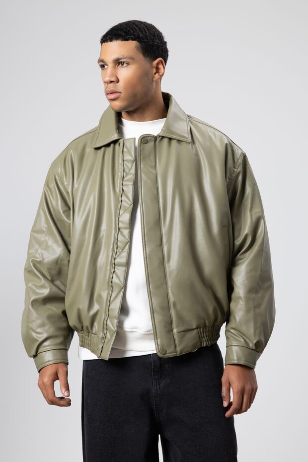 Basıc Suni Deri Oversize Ceket Haki - 2