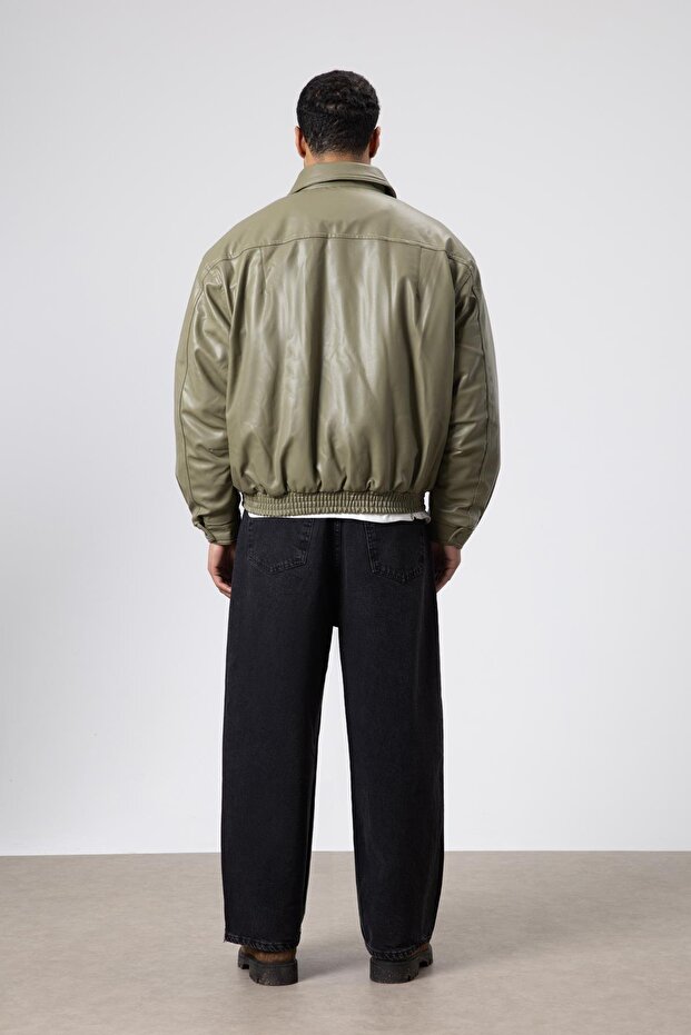 Basıc Suni Deri Oversize Ceket Haki - 6