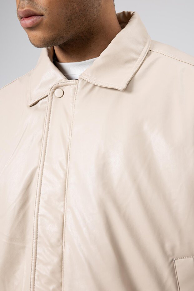 Basıc Suni Deri Oversize Ceket Taş - 6