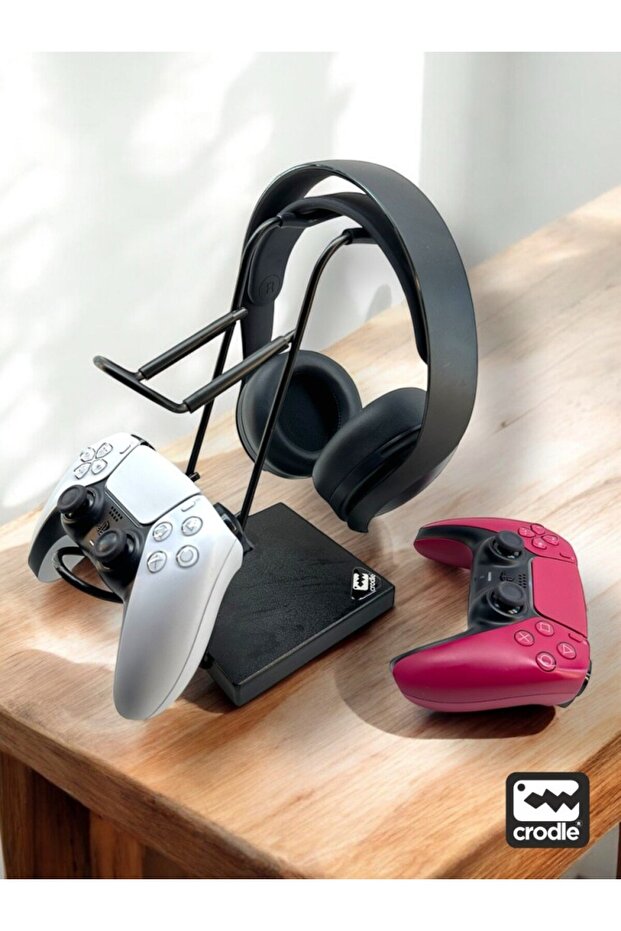 Siyah Ahşap ve Siyah Metal Gaming PS4 PS5 Xbox Joystick Controller Tutucu ve Kulaklık Dikey Standı - 7