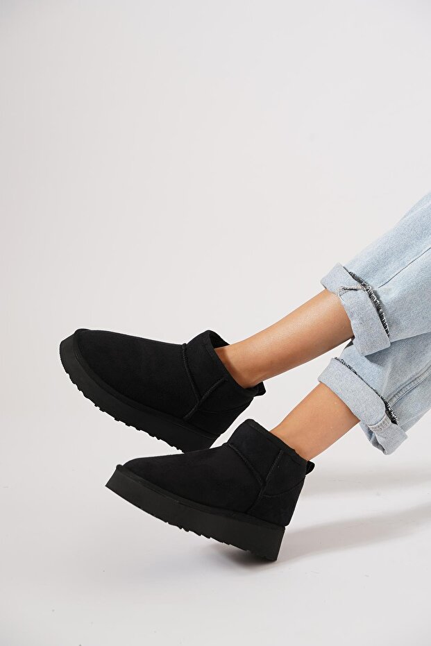 Moda Pie Cizme de damă din piele intoarsa neagra - Talpa groasa Poofy ...