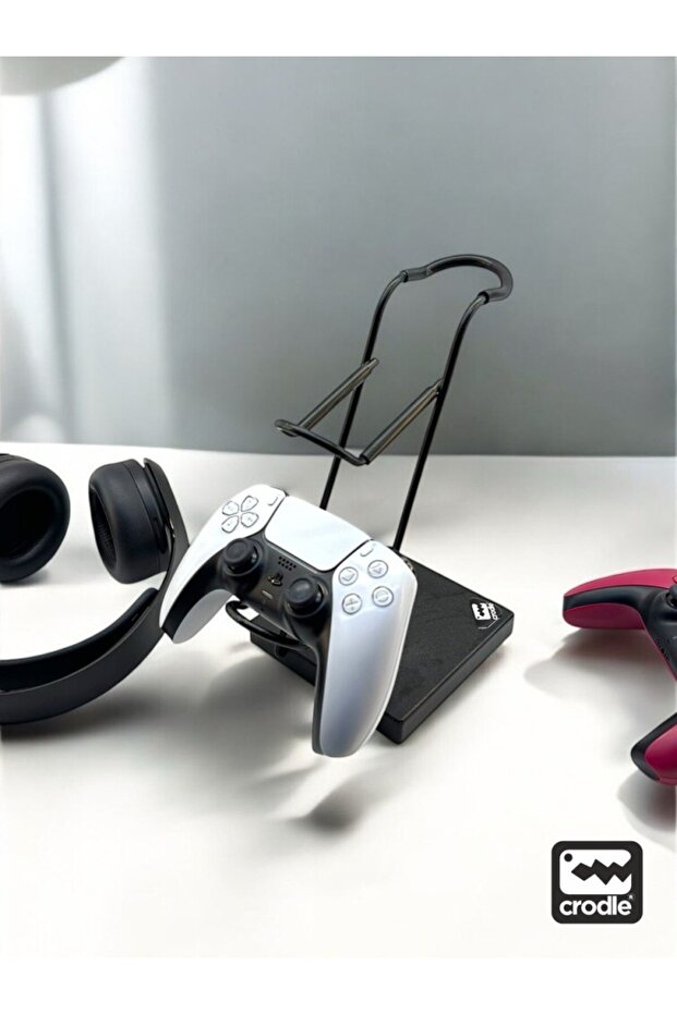Siyah Ahşap ve Siyah Metal Gaming PS4 PS5 Xbox Joystick Controller Tutucu ve Kulaklık Dikey Standı - 4