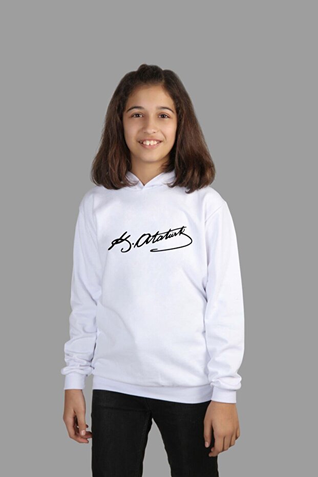 Children's White Hooded Sweatshirt K. Atatürk Signature Digital Printed Two Threads with Rosette inside