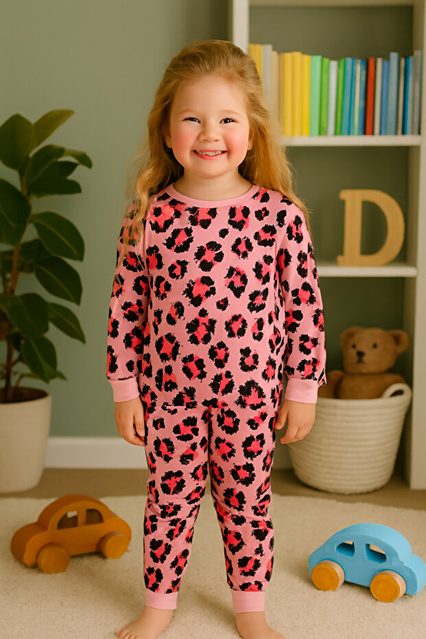 Girls Two Yarn Cotton Raster Pink Black Leopard Pattern Long Sleeve Pajamas Set