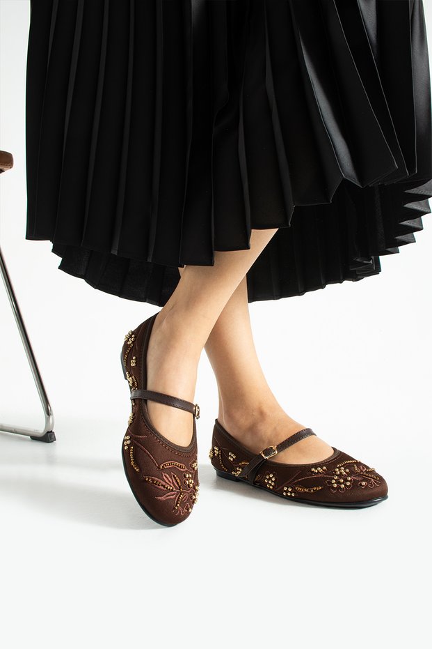 Women's Milan Beaded Floral Detailed Sucuba Women's Ballerinas