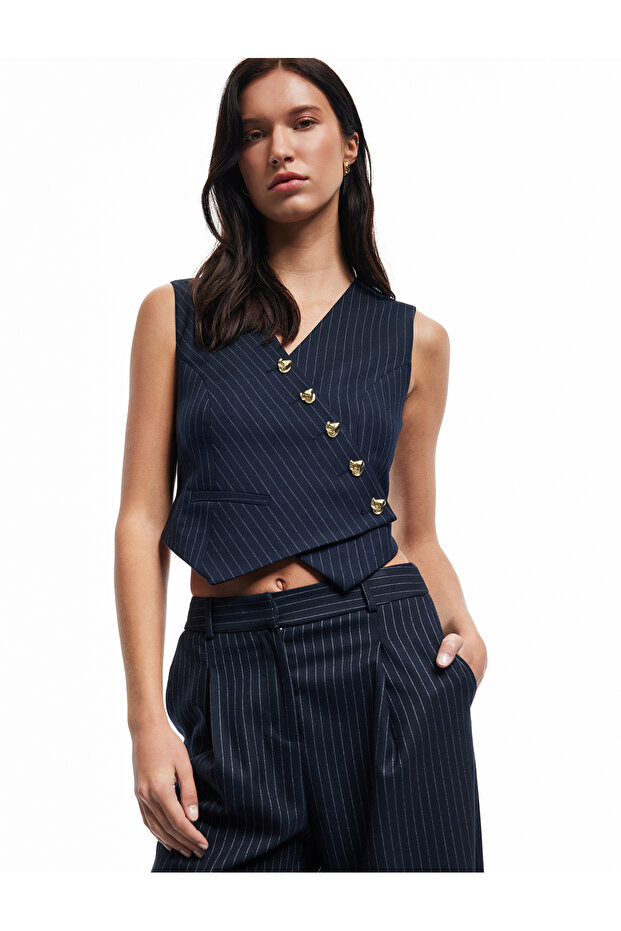 Sleeveless V-Neck Buttoned Asymmetrical Cut Blazer Vest