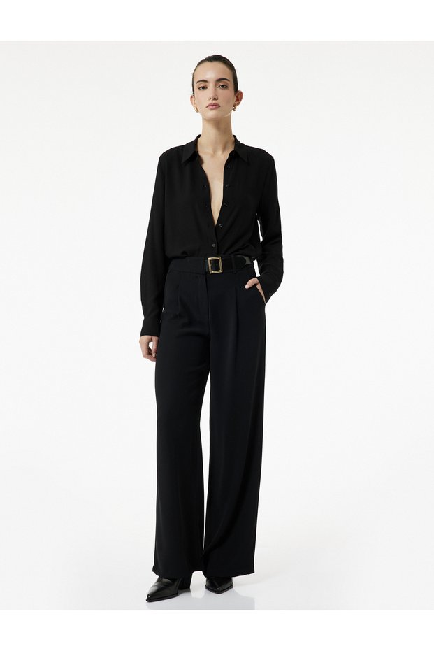 Belt Detailed Pocketed Crepe Fabric Palazzo Trousers