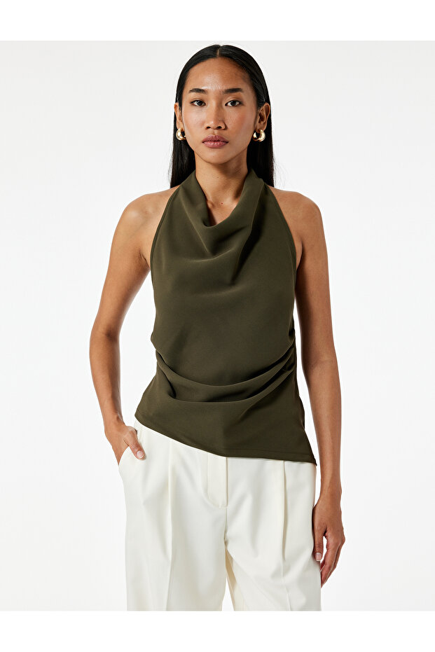 Sleeveless Backless Draped Asymmetrical Degaje Neckline Blouse