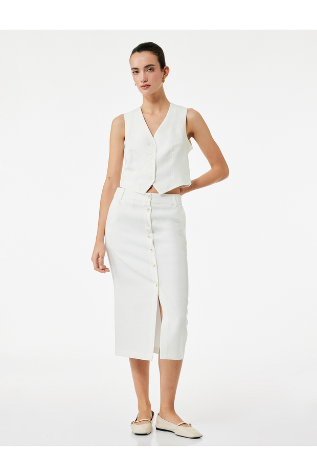 Standard Waist Pocket Slit Detailed Midi Buttoned Pencil Skirt