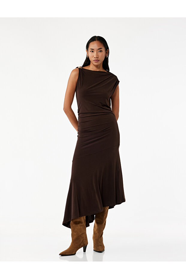 Sandy Sleeveless Draped Asymmetrical Cut Long Dress with Fabric Accessories