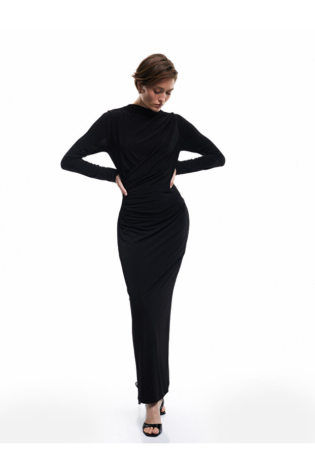 Sandy Fabric Lightweight Stand Collar Draped Long Sleeve Midi Pencil Dress