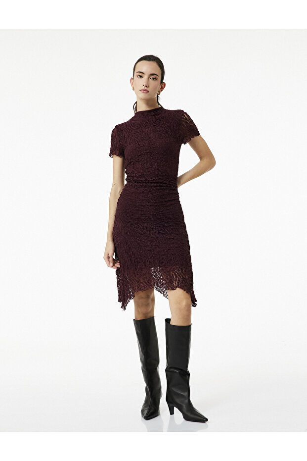 Asymmetrical Hem Detail Slim Fit Midi Length Draped Short Sleeve Lace Dress