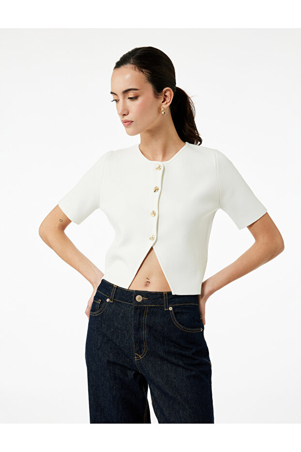 Asymmetrical Short Sleeve Crew Neck Button Cardigan