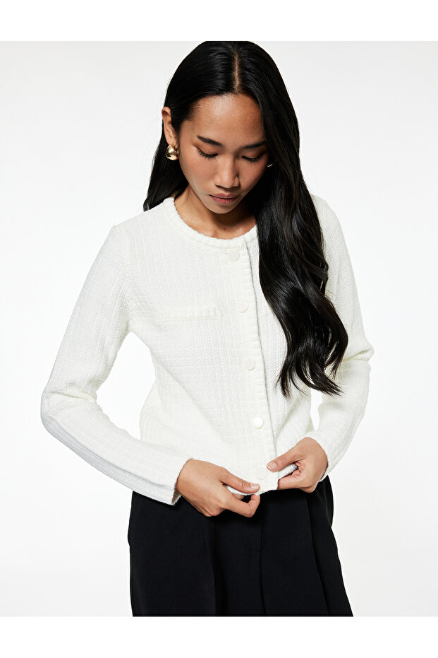 Long Sleeve Crew Neck Knit Cardigan with Applique Detail
