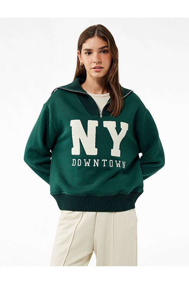 Raised Long Sleeve Half Zipper Teddy Bear Embroidered Oversize Sweatshirt