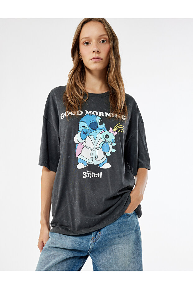 Stitch Licensed Short Sleeve Crew Neck Printed Oversize T-Shirt