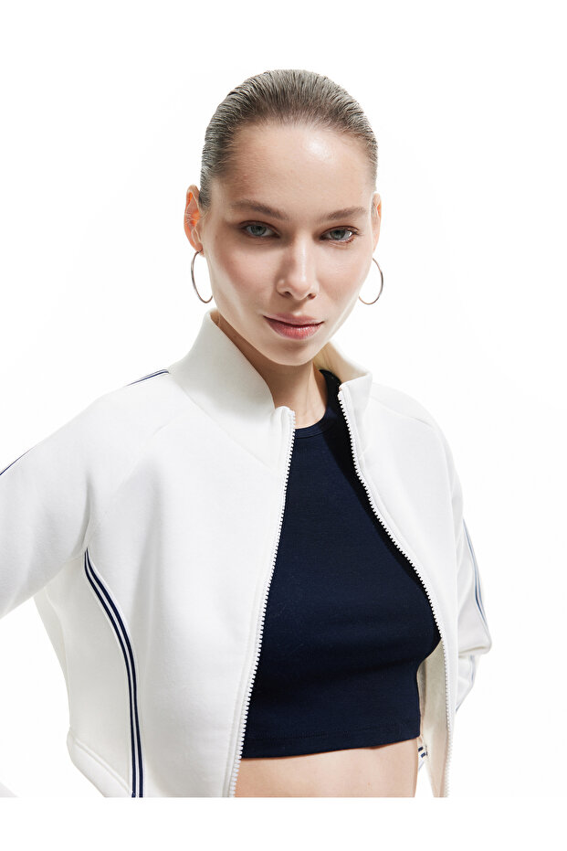 Strip Detailed Stand Collar Three Thread Raised Zipper Crop Sweatshirt