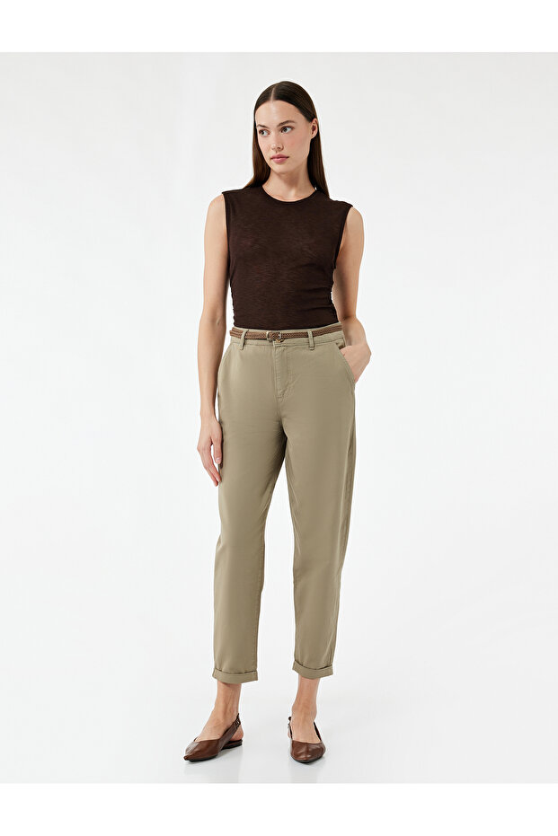 High Waist Double Leg Cotton Belted Chino Trousers