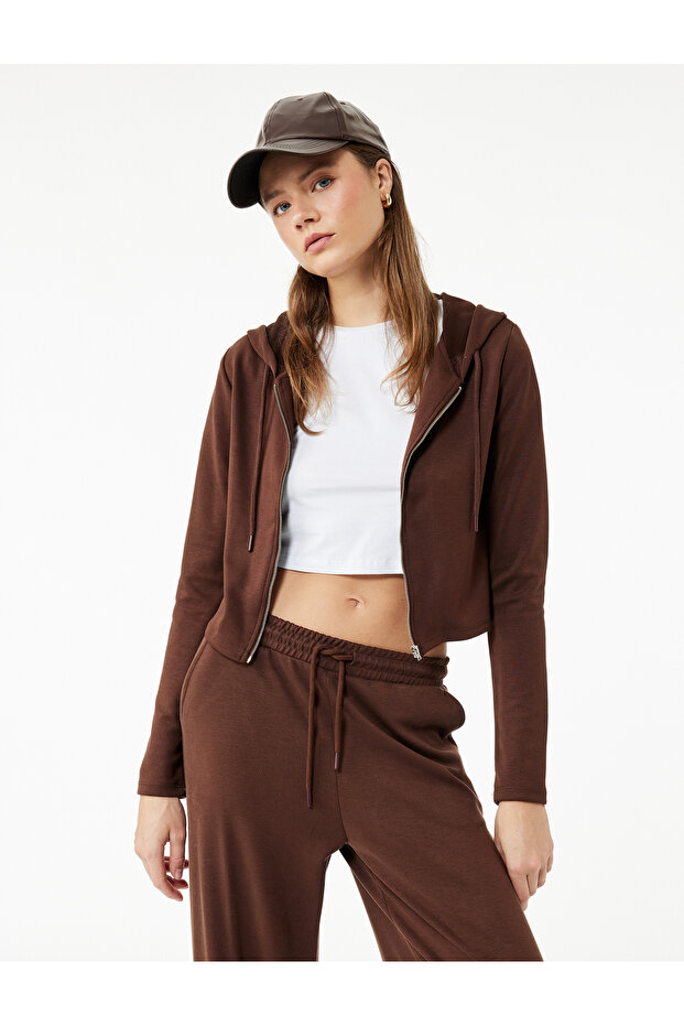 Hooded Zippered Long Sleeve Modal Blend Crop Sweatshirt