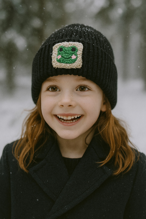 Black Wool Children's Beanie with Frog Figure and Punch Detail