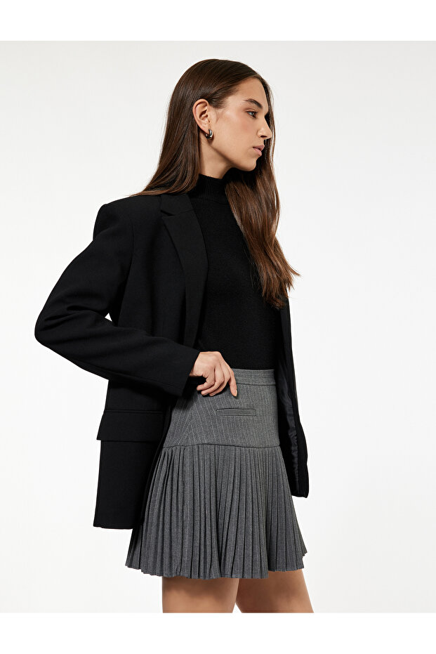 Viscose Blend Pocket Detailed Striped Pleated Mini Skirt