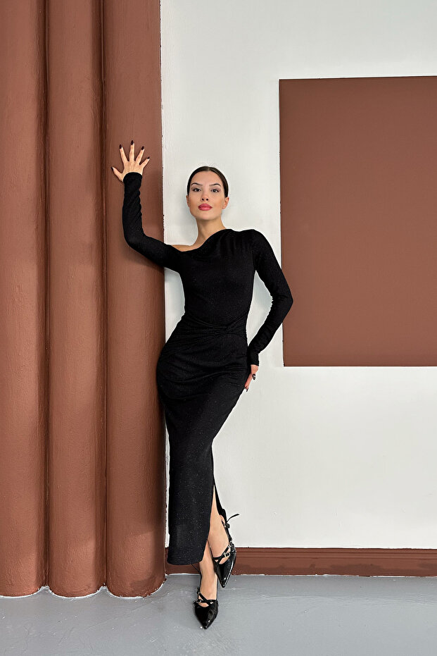 Kadın Siyah Tek Omuz Drapeli Midi Boy Sim Detaylı Elbise - 6