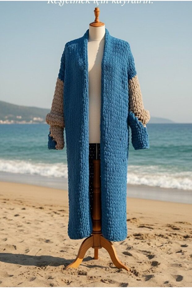 Mavi El Örgüsü Uzun Hırka - 1