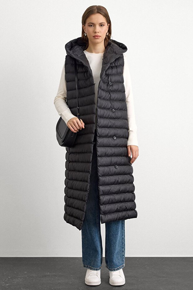 Hooded Button Closure Long Puffer Vest BLACK 8228