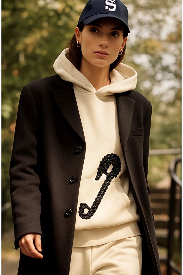 Black Safety Pin Embroidered White Hooded Sweatshirt
