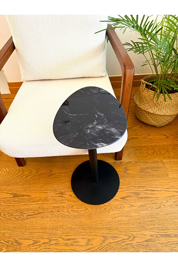 Siyah Mermer Desenli Modern 40x30 CM Zigon Yan Sehpa 8 MM Temper Cam - 3