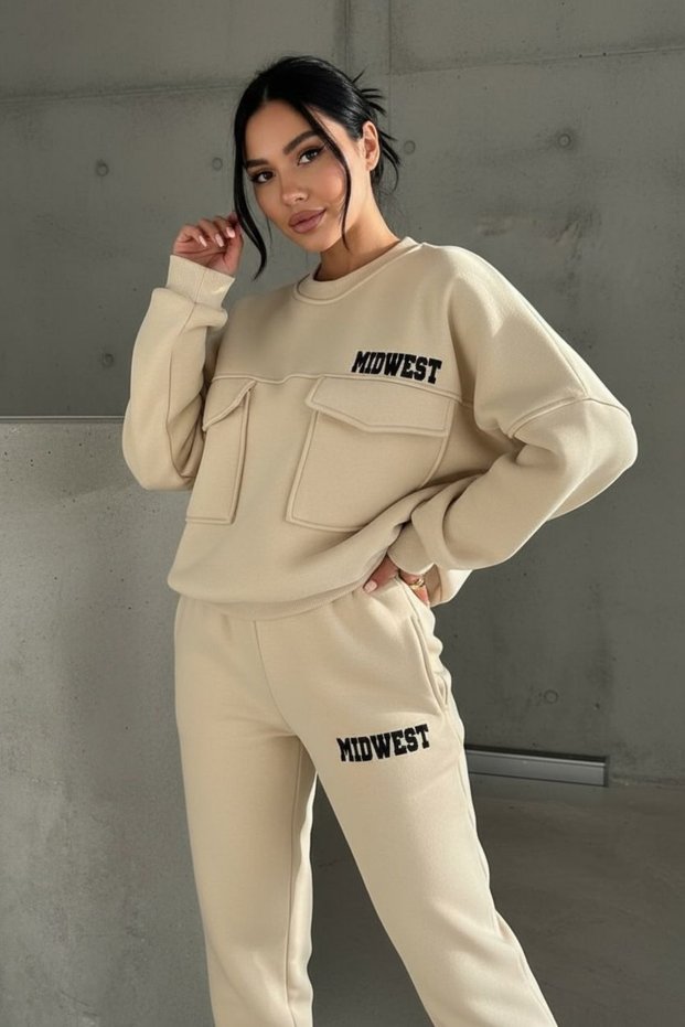 Cream Women's Winter Soft Textured Comfortable Fit Top and Bottom Set Winter Tracksuit Set