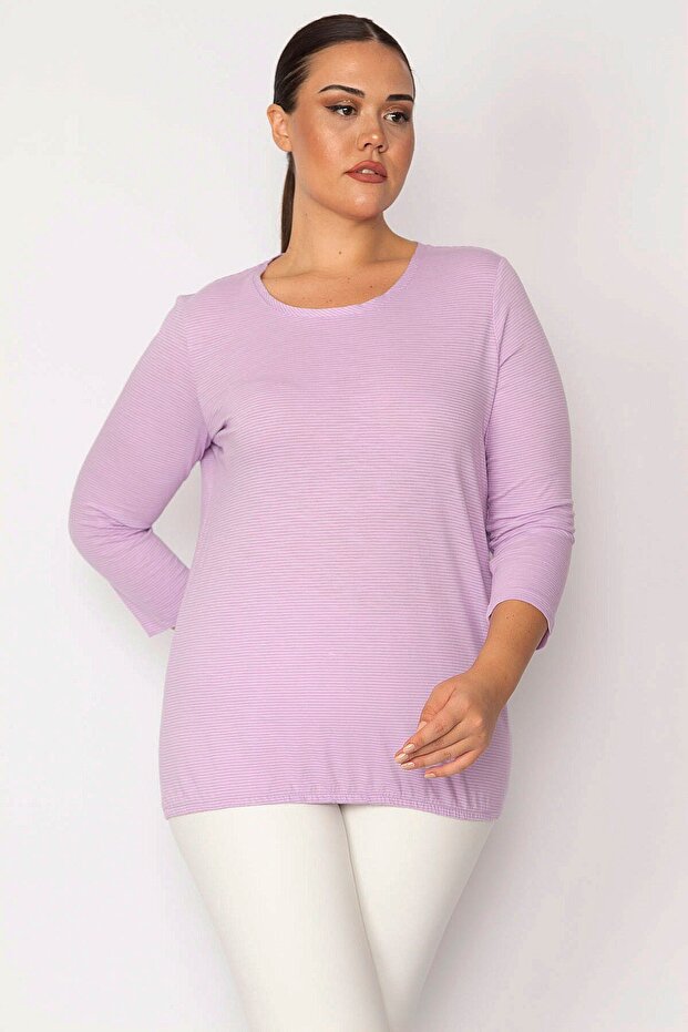 Women's Large Size Lilac Crew Neck Slim Striped Capri Sleeve Blouse 65n29273
