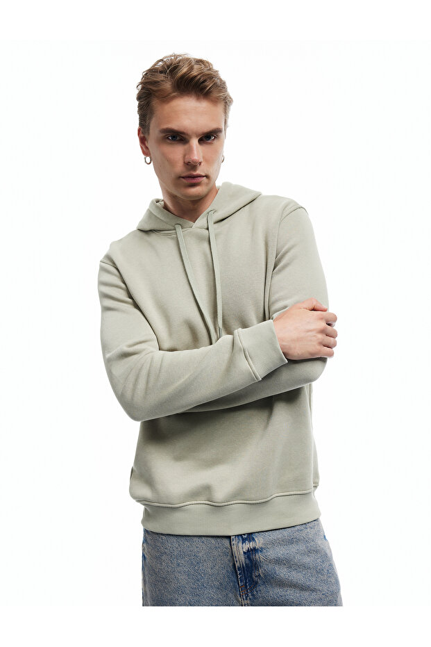 Şardonlu Uzun Kollu Basic Kapşonlu Sweatshirt - 1