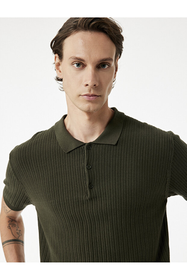 Regular Fit Short Sleeve Cotton Textured Button Polo Neck Knitwear T-Shirt