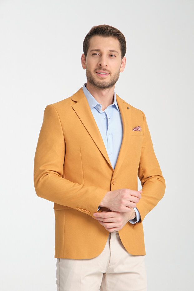 Alfredi Men's Oversize Large Size Yellow Straw Fabric Blazer Jacket