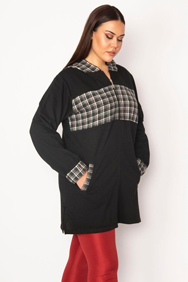 Women's Large Size Green Plaid Pattern Detailed Hooded Coat 65n29568