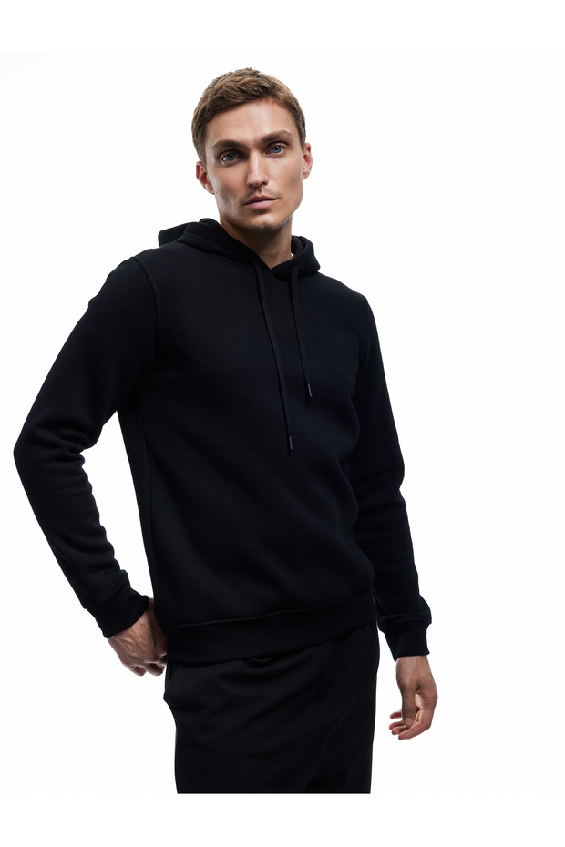 Şardonlu Uzun Kollu Basic Kapşonlu Sweatshirt - 1