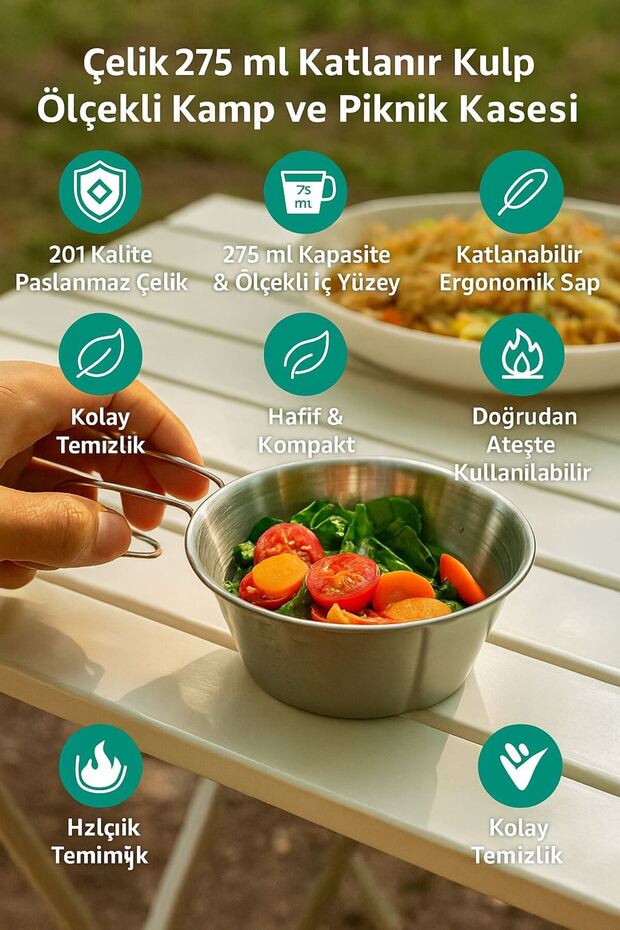 Çelik 275 ml Katlanır Kulp Ölçekli Kamp Ve Piknik Kasesi mt102 - 7