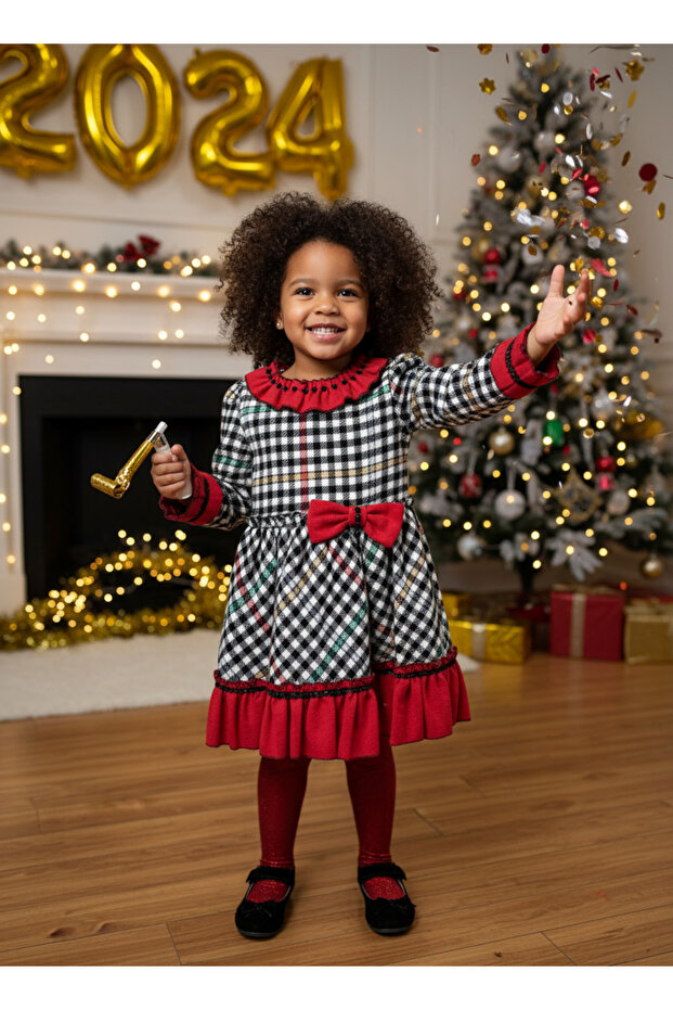 Plaid Ruffled Girl's Red Christmas Dress