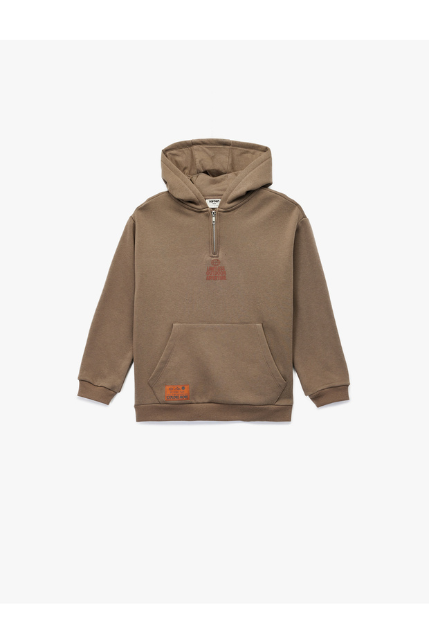 Long Sleeve Zipper Detailed Fleece-Lined Hooded Sweatshirt