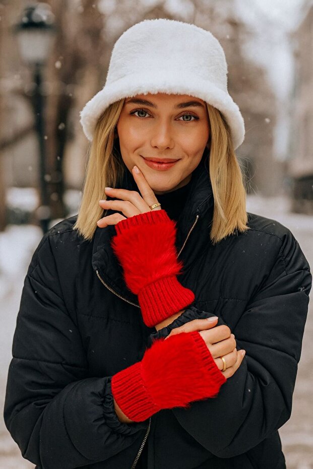 Furry Red Wool Cutout Women's Gloves