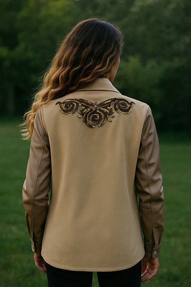 Back Gold And Copper Embroidered Sleeves Leather Detail Cream Jean Jacket