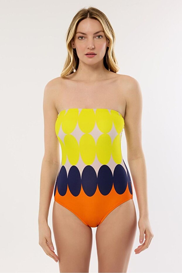 4308 Sarı Desenli Straplez Mayo - 1