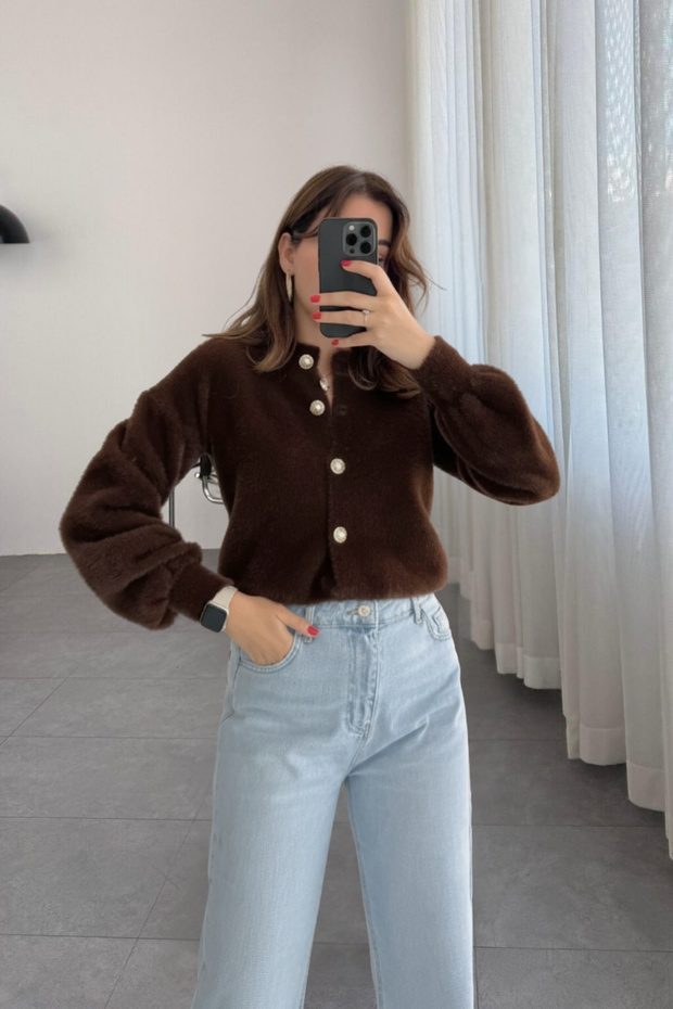Shilsee Women's Pearl Buttoned Yumosh Brown Knitwear Cardigan