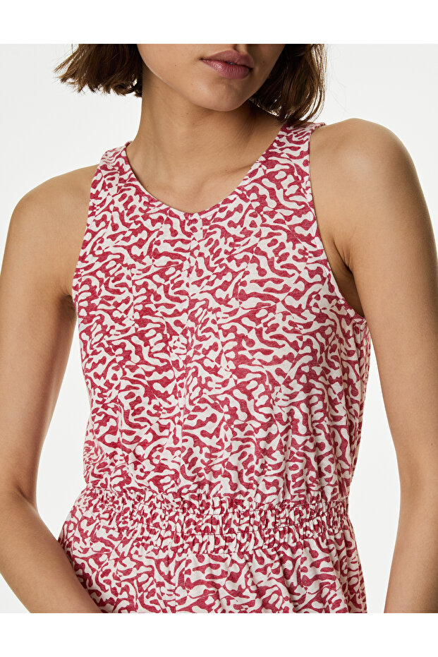 Desenli Midi Keten Elbise - 2