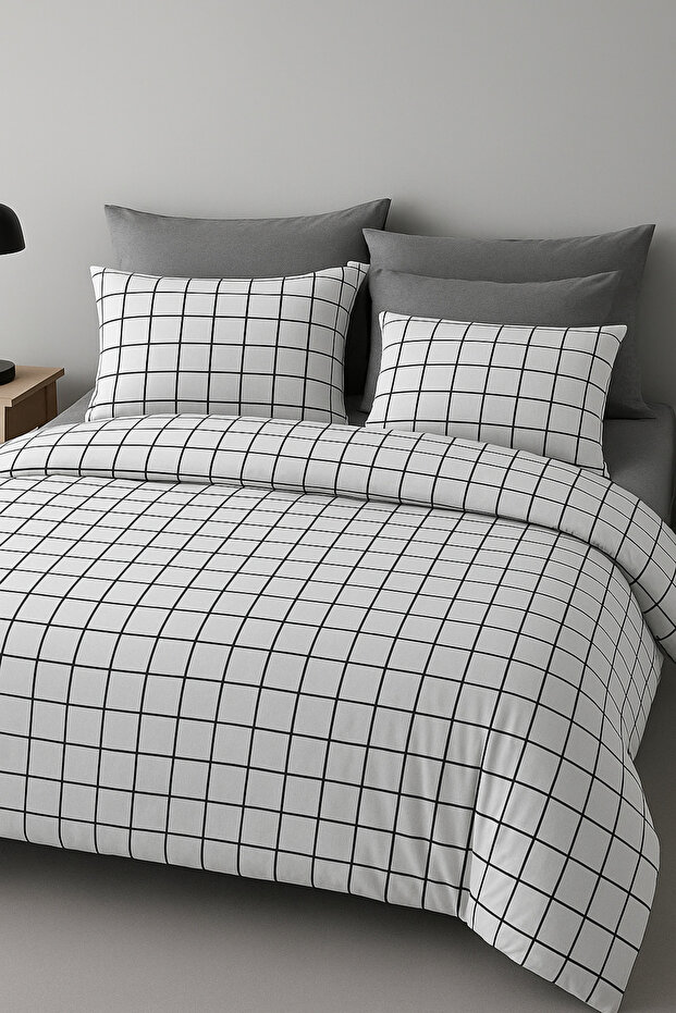 Duvet Cover Set Double' Quilt Cover+Elastic Fitted Sheet+2 Pillowcases' Plaid